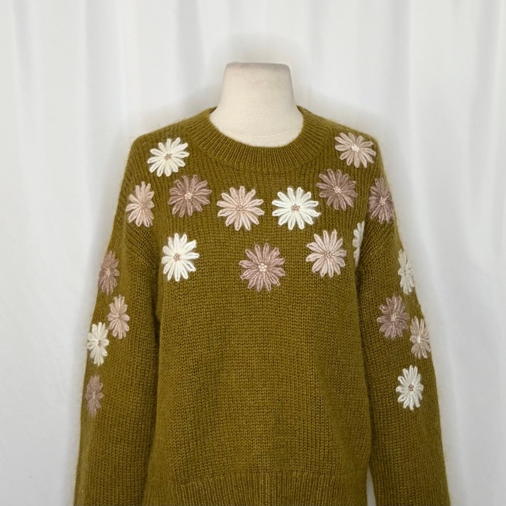 SÉZANE La Maille Sezane Suzon Jumper Sweater Olive Floral Embroidered Large - Picture 4 of 15